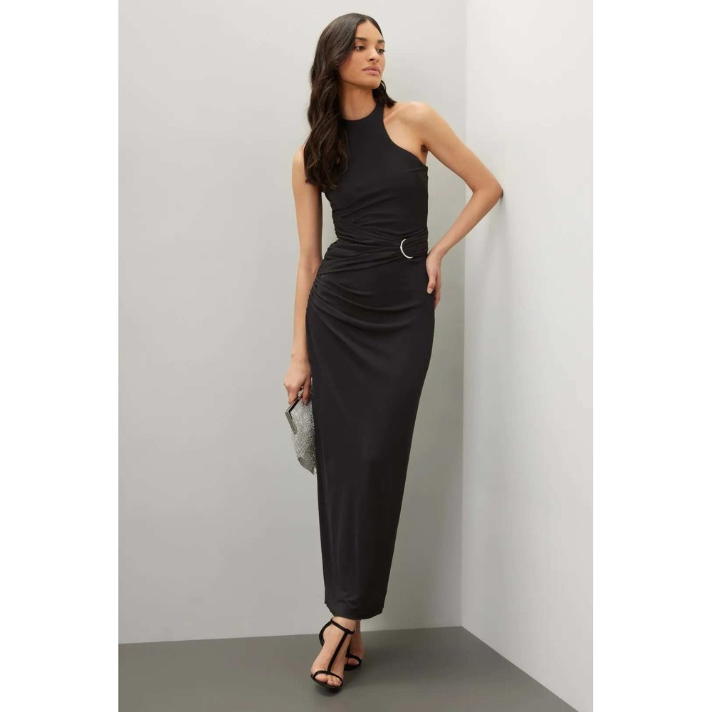Halston Lang Gown Black Jersey Maxi Dress Ring Detail Racer Back Formal Sz 4